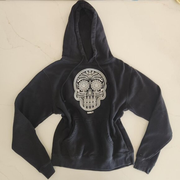 OBEY Sz M Black Skull Logo Hoodie Sweatshirt Pullover Grunge Goth Edgy Witchcore - Picture 1 of 10